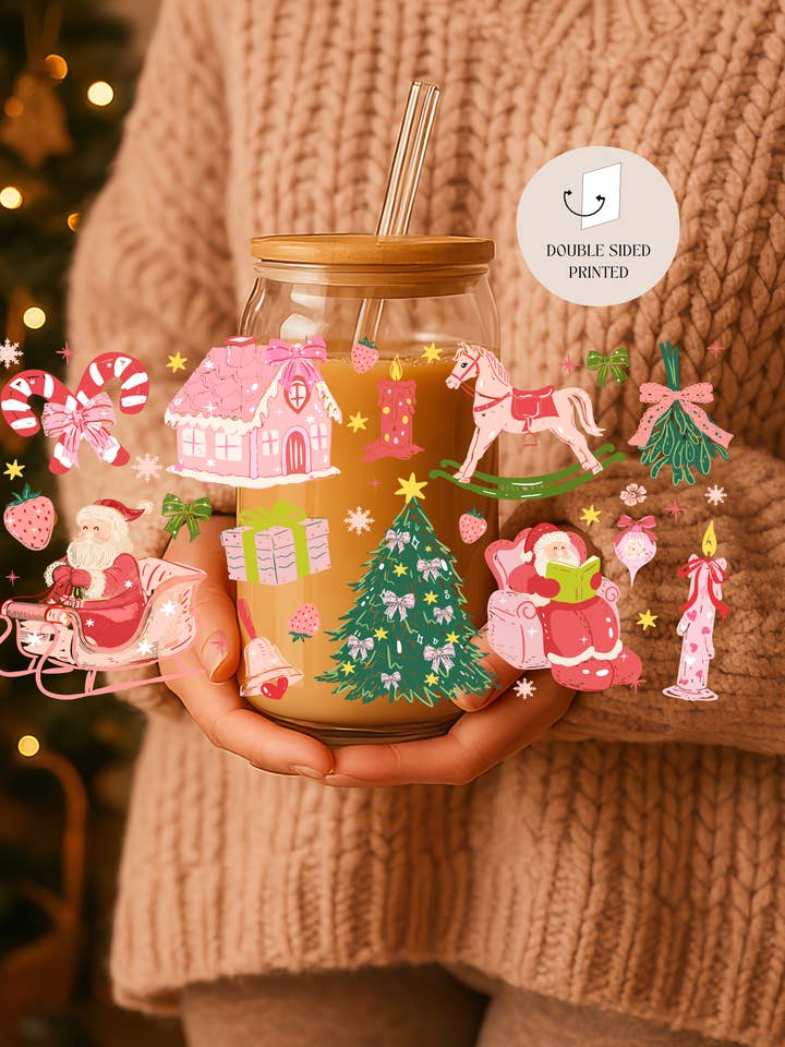 Coquette Christmas Double Sided Glass Tumbler + Lid & Sraw for wholesale by the cute cloud