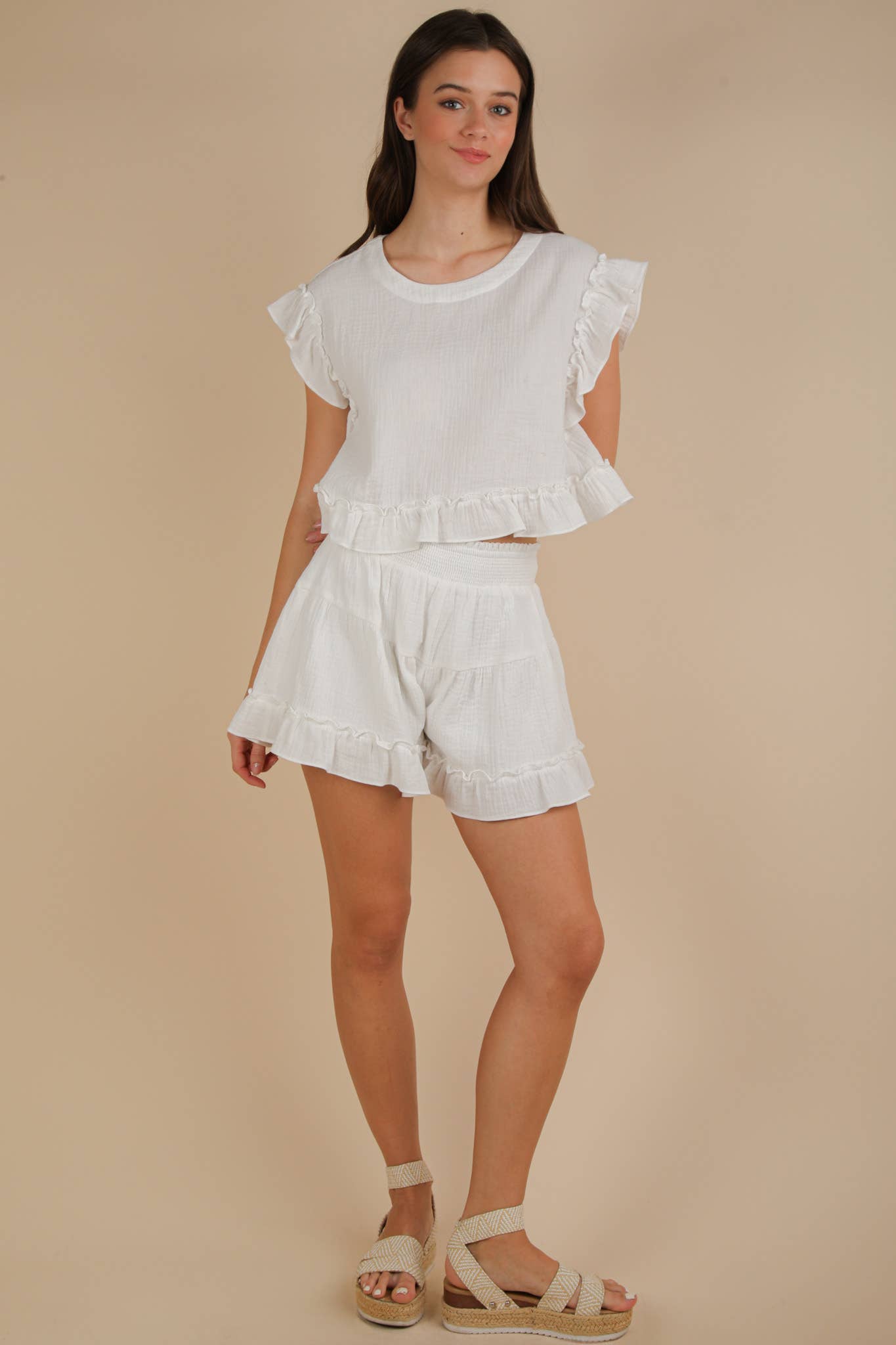 VERY J - Wholesale Top & Short Set (NOT Loungewear) - Women's - NT12150SET-Ruffled Solid Woven Top & Shorts Set25
