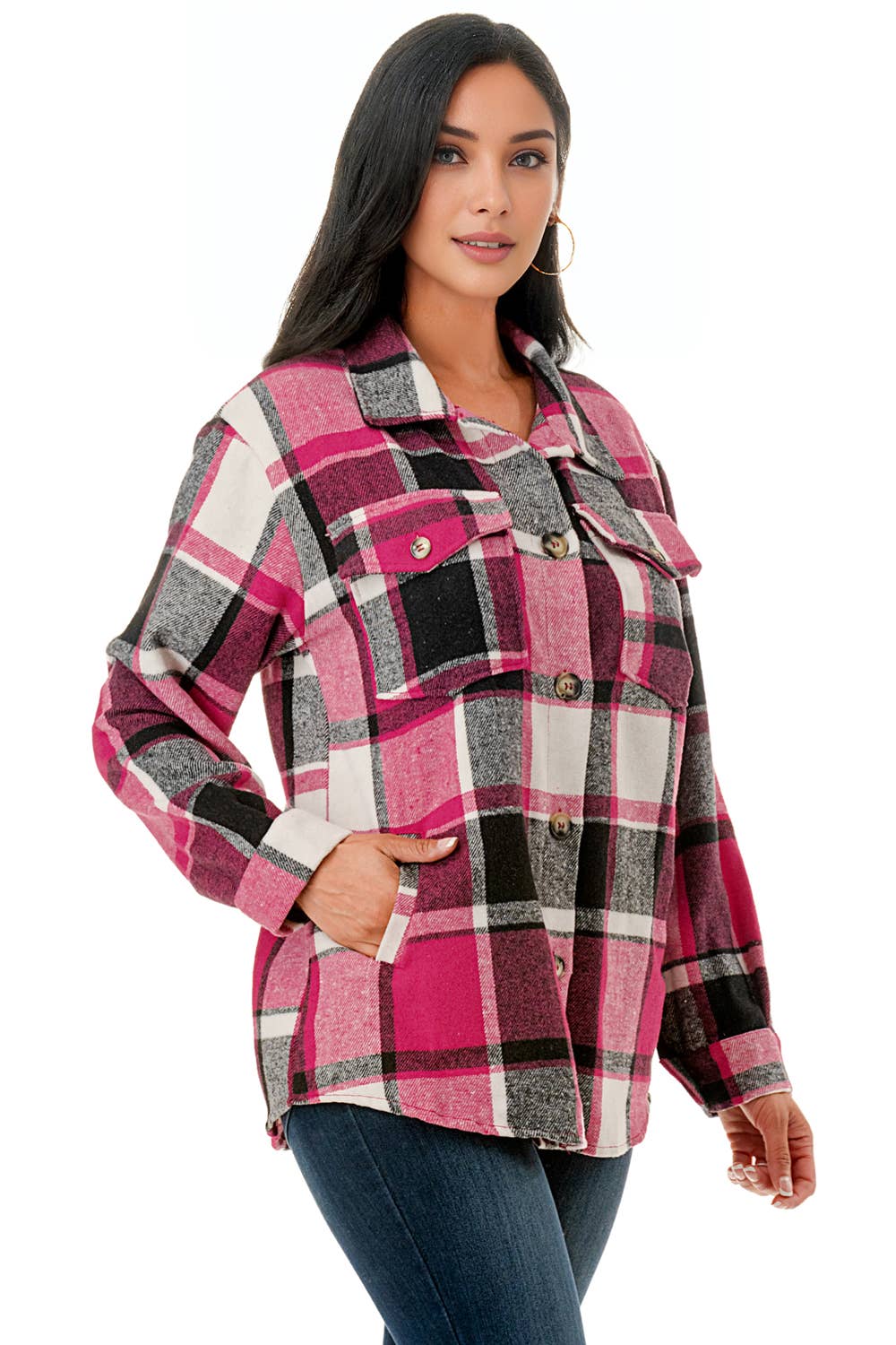 Color 5 - Vendita all'ingrosso Giacca a camicia - Donna - Camicia oversize in flanella scozzese rosa con tasche5