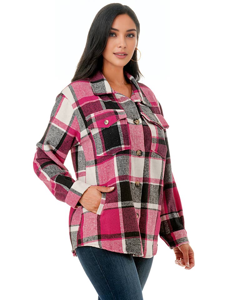 Color 5 - Vendita all'ingrosso Giacca a camicia - Donna - Camicia oversize in flanella scozzese rosa con tasche5