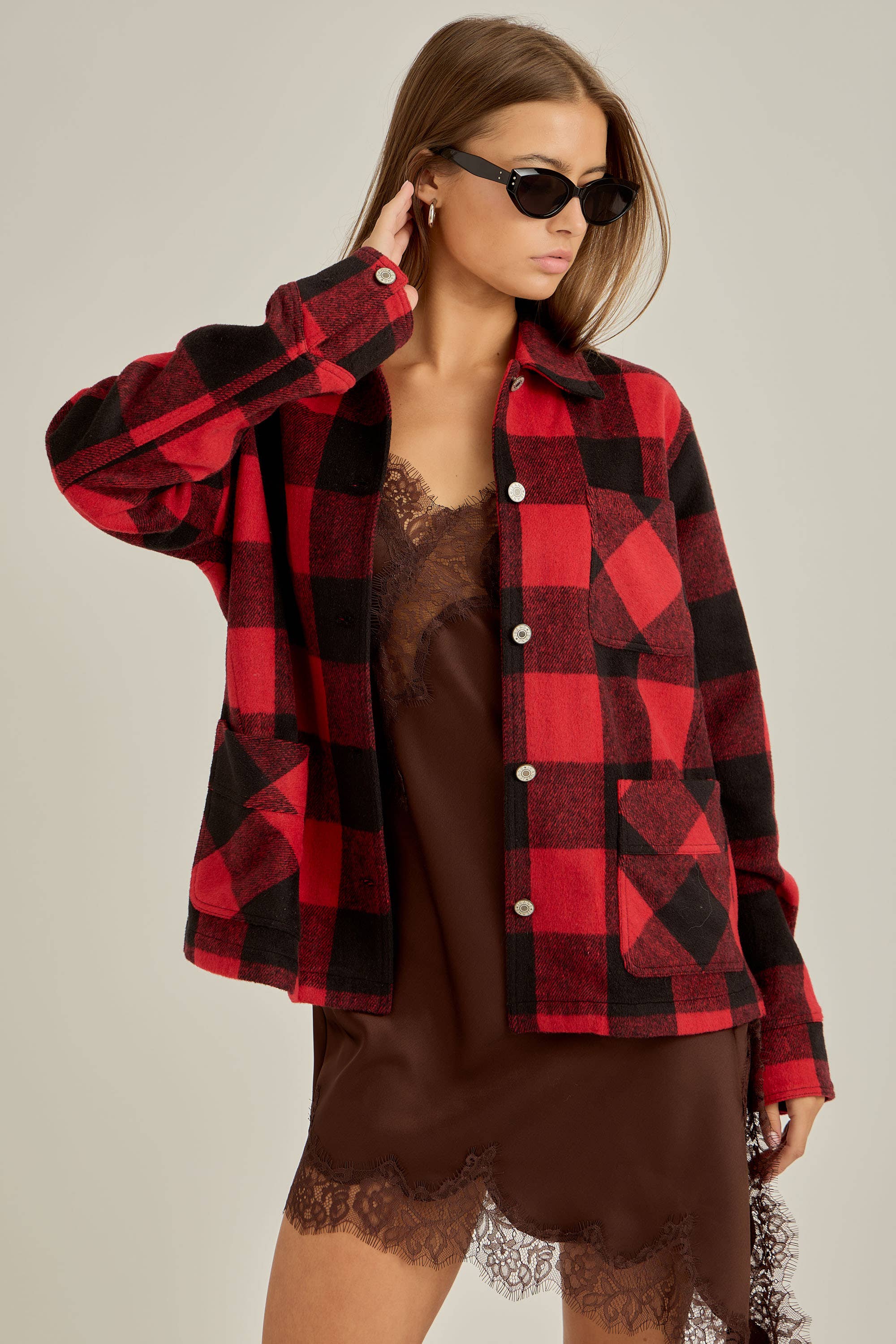 Red Black Winter flannel workwear jacket for wholesale on Faire0