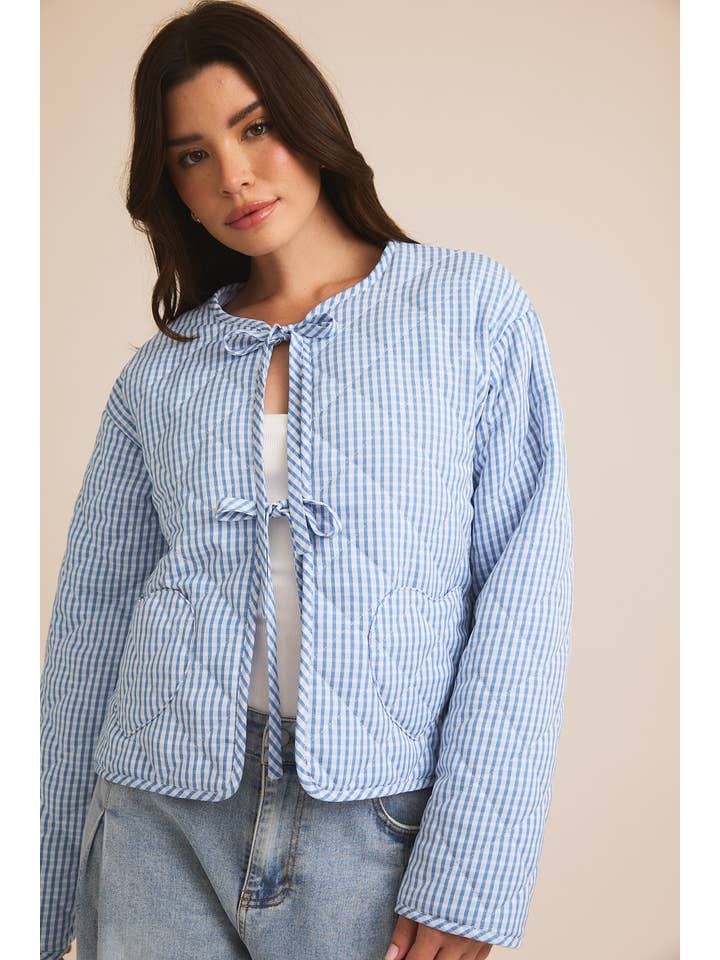 BLUE WHITE GINGHAM FRONT TIE QUILT JACKET for wholesale on Faire