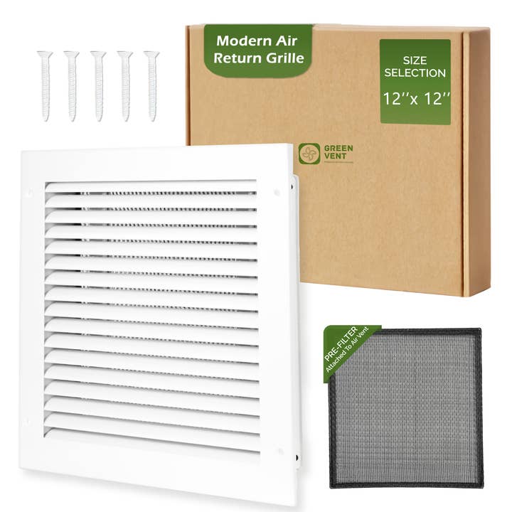 Modern Air Return Grille 12x12 (Duct Opening) - Decorative White Aluminum Air Vent Cover with Washable Mesh Pre-Filter for wholesale by Green Vent