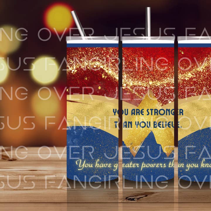 Citação da Mulher Maravilha “Stronger” - 20oz. Copo Skinny por atacado de Fangirling Over Jesus