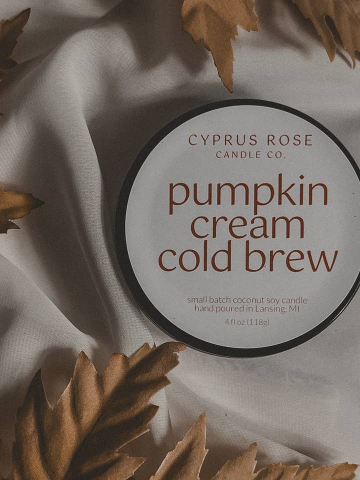 Pumpkin Cream Cold Brew Fall Candle - 4oz Black Tin for wholesale by Cyprus Rose Candle Co.