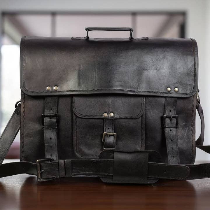 Black Leather Laptop Messenger Bag for Men & Women for wholesale by Hana Exports