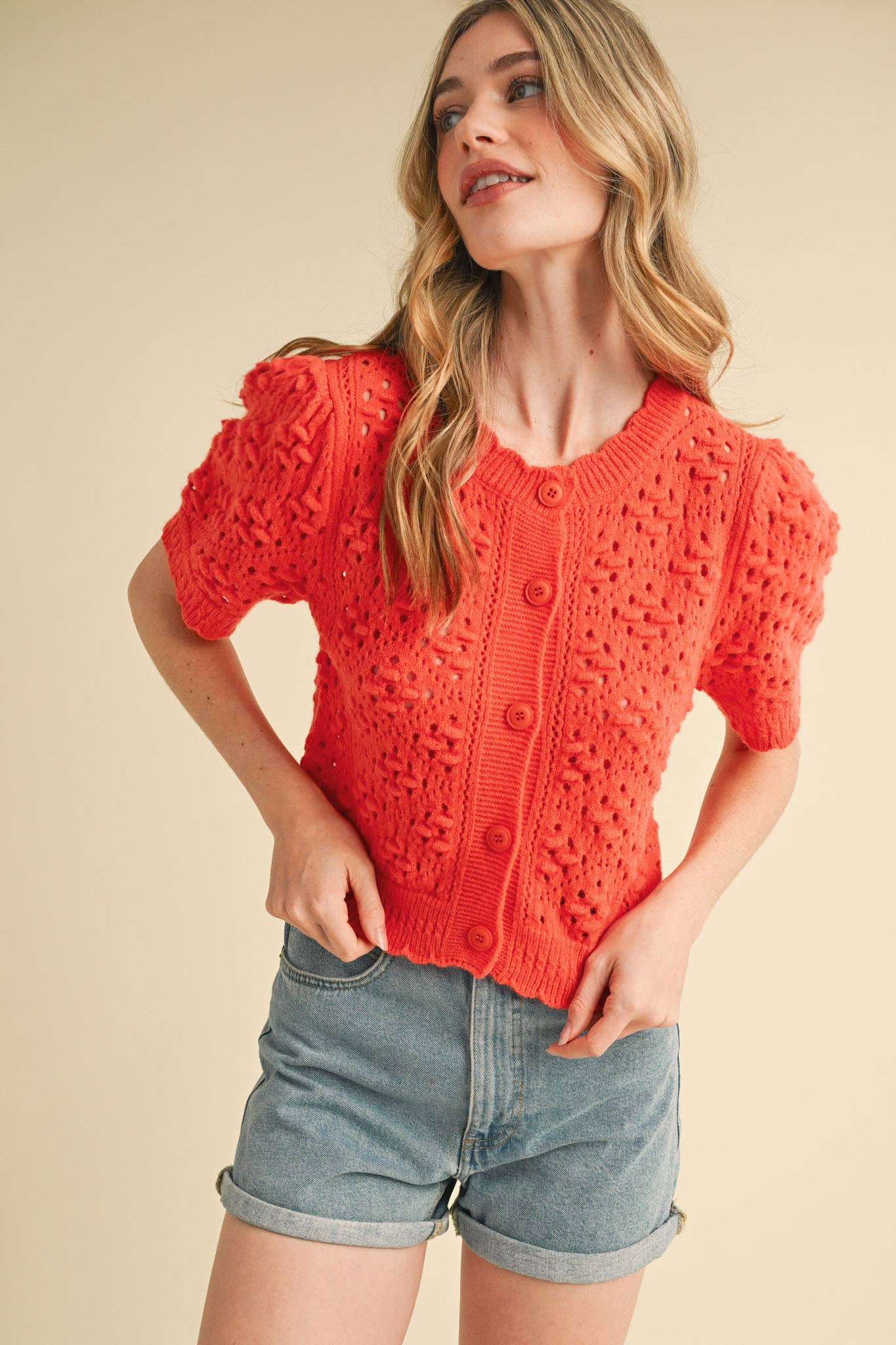 &MERCI - Wholesale Cardigan - Women's - CROPPED POINTELLE BUTTON DOWN SWEATER CARDIGAN MSW1085720