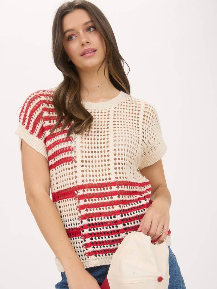 MULTI STRIPE SHORT SLEEVE SHEER CROCHET KNIT TOP for wholesale by Blu Pepper