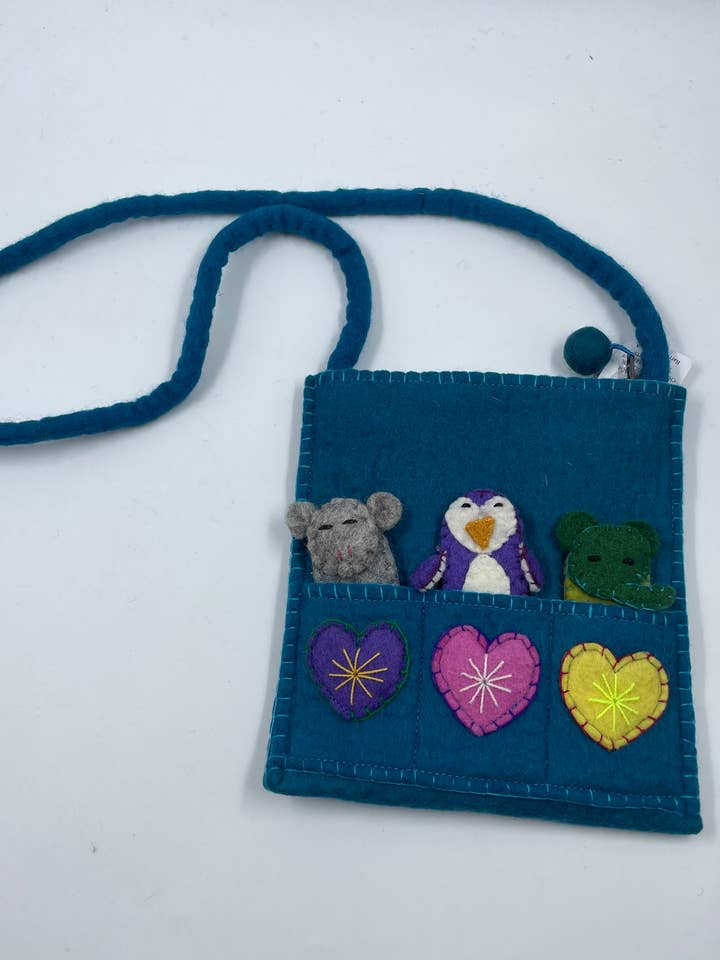 Handmade Felt Puppets Bag for Kids- Blue (Cross Bag) for wholesale by Funky Yak Ltd