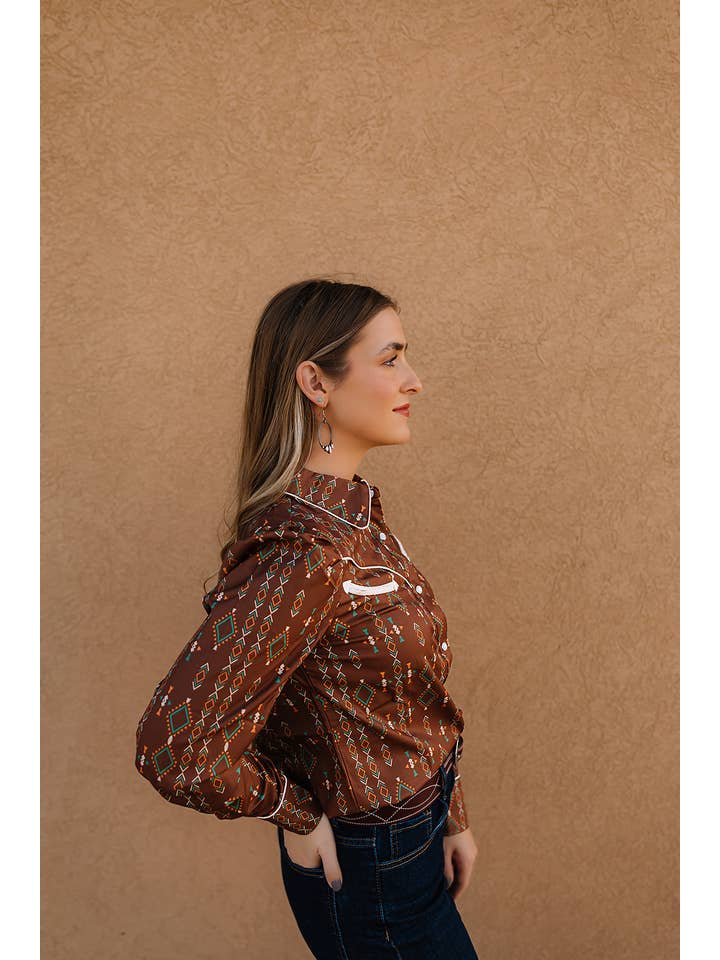 Crazy Consuela - Wholesale Blouse - Women's - 2708 BROWN AZTEC WESTERN SATIN PUFF SLEEVE PEARL SNAPÂ