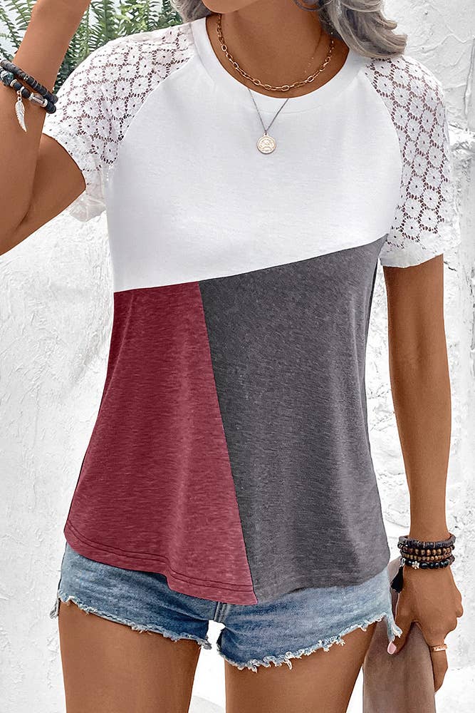 UNISHE - Wholesale Knit Top - Women's - Color Block Lace Sleeves Top YBL0589