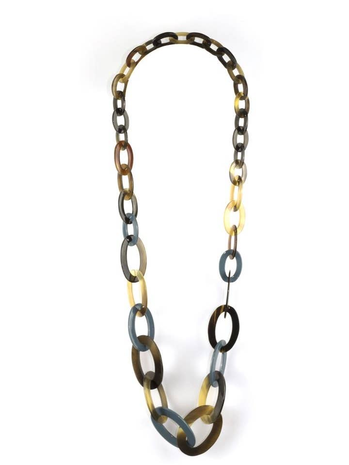 Collier long anneaux ovale plat 3 tailles avec laque gris-bleu pour la vente par rivêt - L'Indochineur