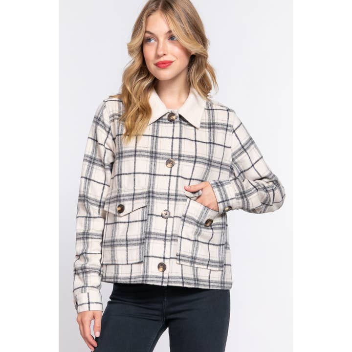 Apolline - Wholesale Shirt Jacket/Shacket - Women's - FAUX FUR COLLAR PLAID SHACKET5