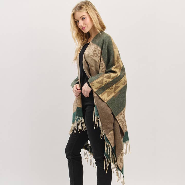 Hana – wholesale Kimono – Women's – Aztec Leopard Pattern Western Style Fringe Ruana7