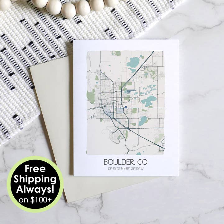 Boulder Colorado city map notecards, custom city cards for wholesale by Sparks House Co.