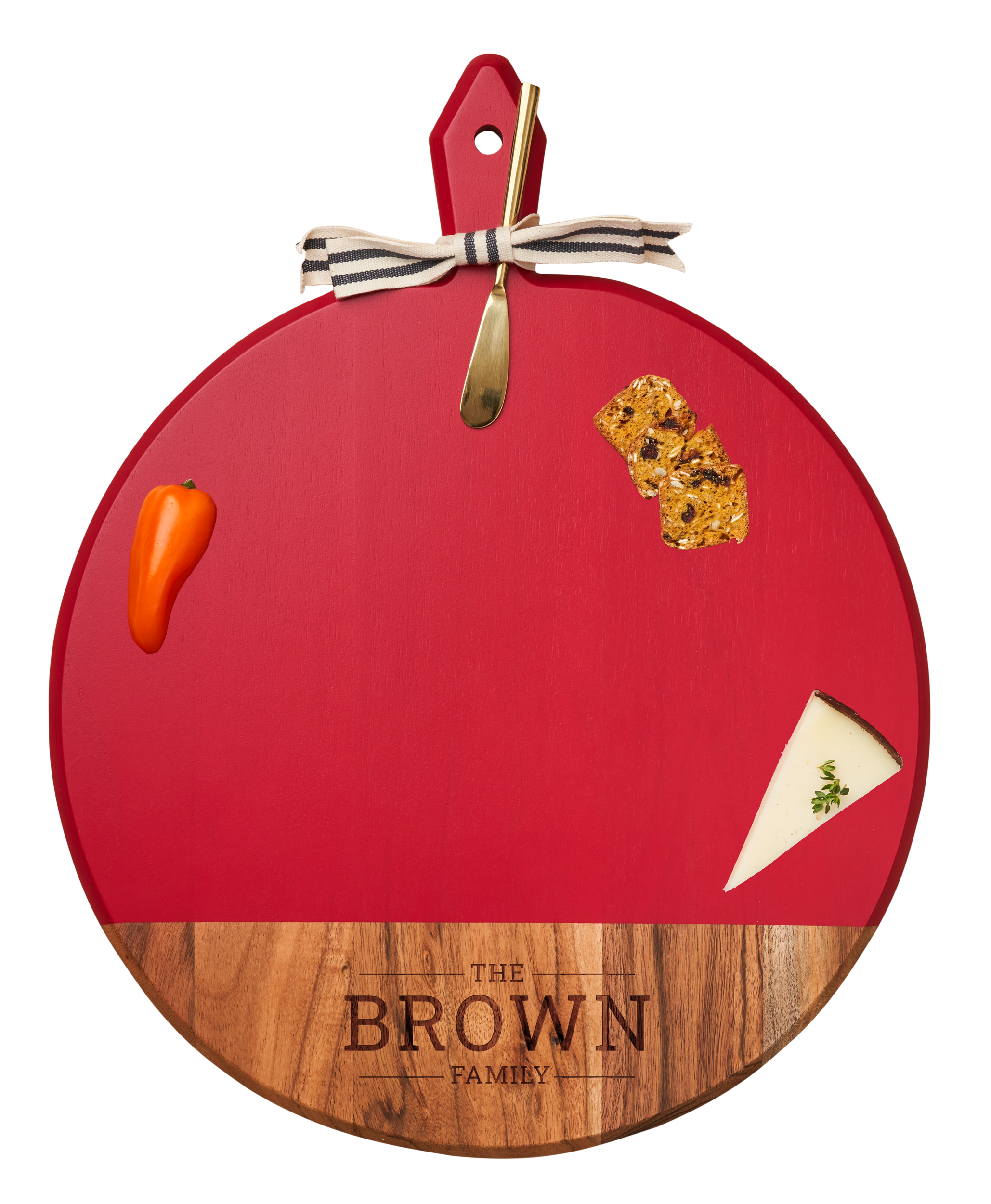 Sophistiplate – wholesale Cheese board – Acacia Heirloom Board w/ Handle Round w/ Gold Spreader and Ribbon | 20 x 16"4