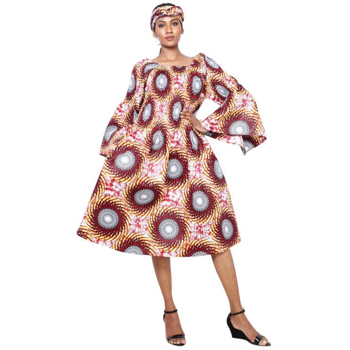 African Stars - Wholesale Dress - Women's - Women's Long Sleeve Smocking Short Dress with Bell Sleeves -- FI-5007323
