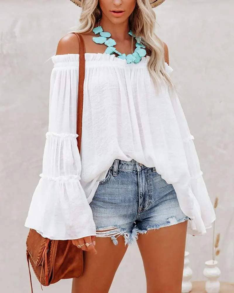Fashion Combination - Wholesale Blouse - Women's - frill hem off shoulder bell sleeve top18