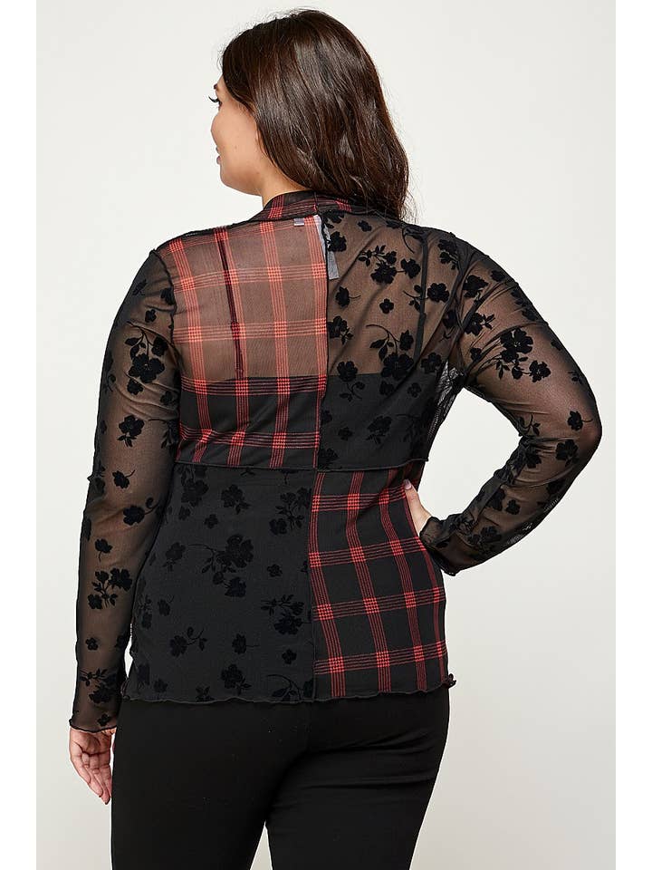 Black Plus Size Patchwork Mesh Mock Neck Top - WG17874-T for wholesale on Faire4