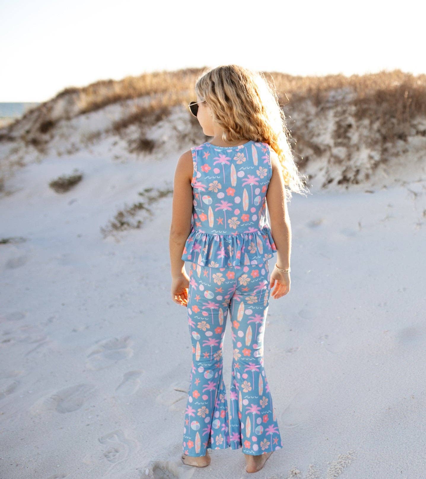 Adorable Sweetness - Wholesale Top & Pant Set - Kids - Kids Dusty Blue & Pink Summer Surf Print Flare Pant Set5