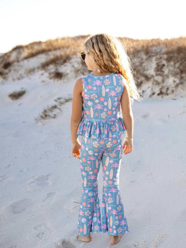 Adorable Sweetness - Wholesale Top & Pant Set - Kids - Kids Dusty Blue & Pink Summer Surf Print Flare Pant Set5