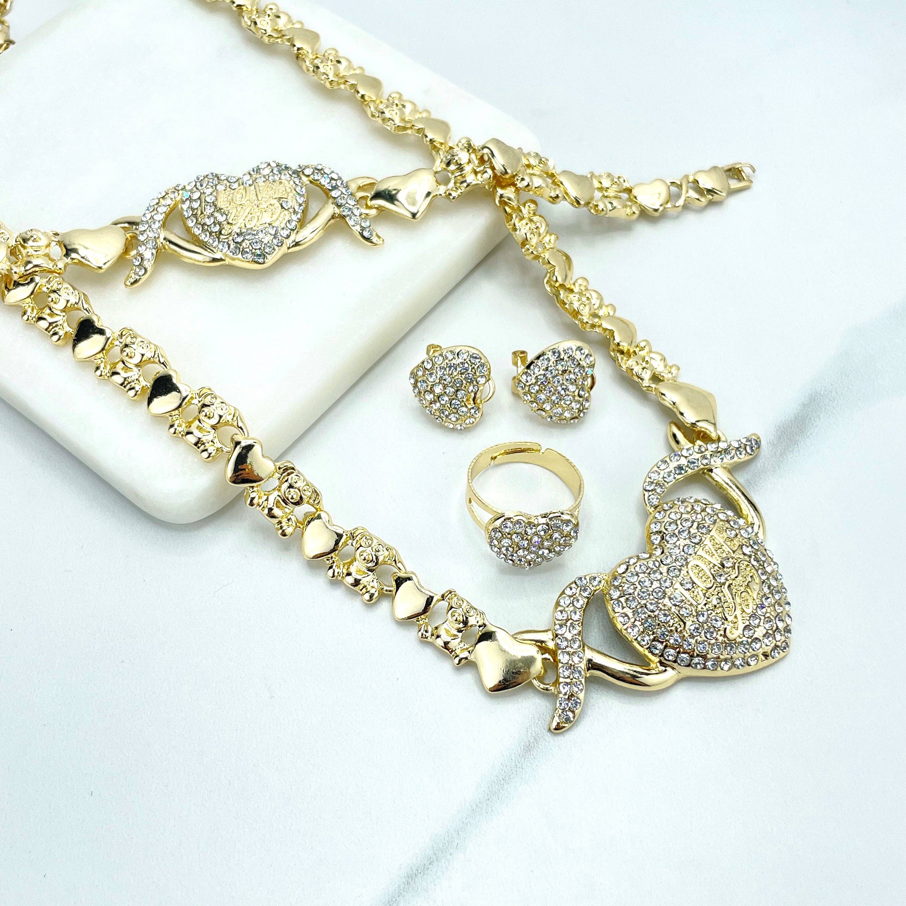 DIJU Jewelry – wholesale Jewellery set – 18k Gold Filled "I Love You" CZ Heart Charms, XoXo and Teddy Bear Linked Chain Set, Necklace, Bracelet, Earrings & Ring, Wholesale Jewelry0