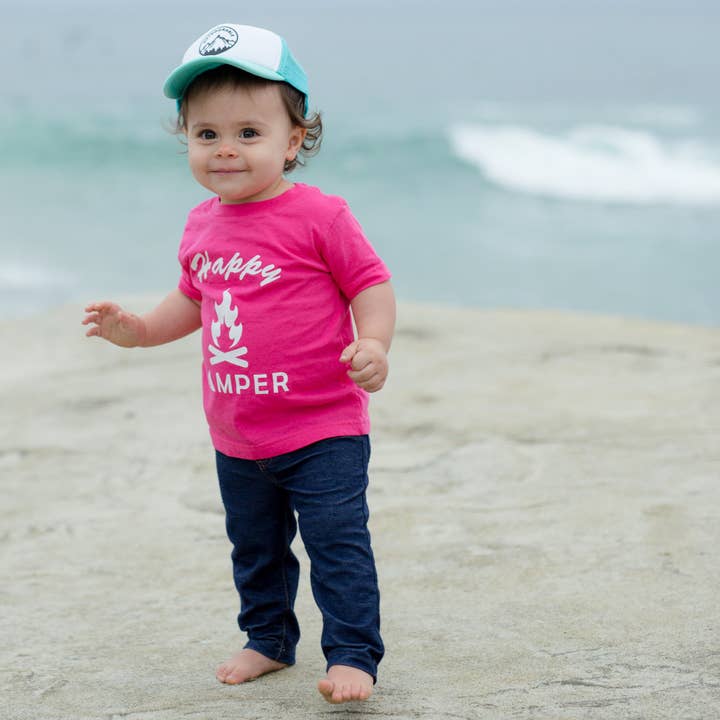 Outdoorable Apparel - Wholesale Screen Printed T-Shirt - Kids - Pink with White Happy Camper Toddler Shirt2