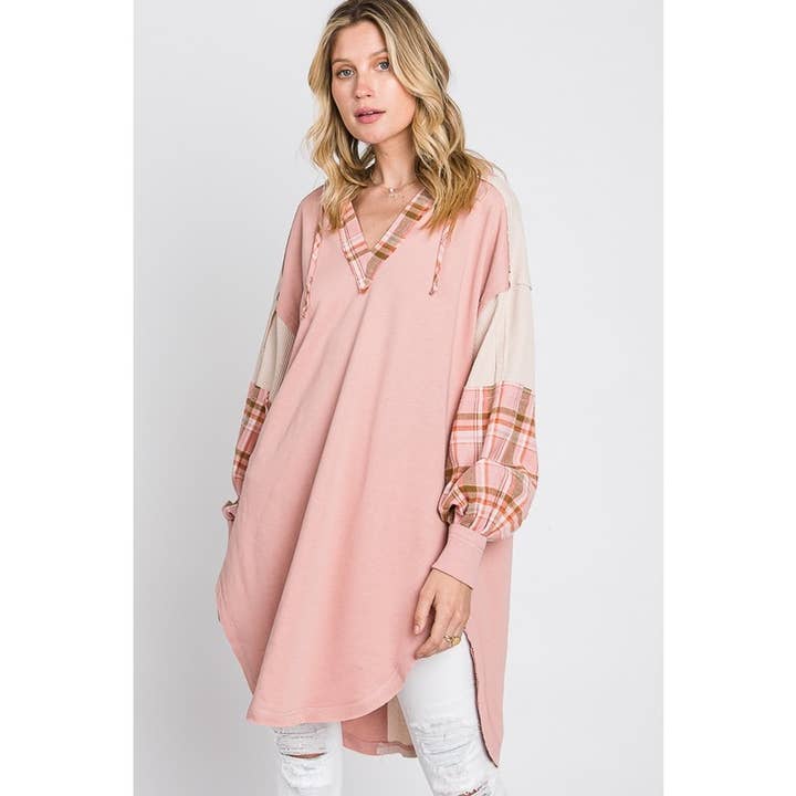Oli&Hali - Wholesale Hoodie - Women's - PLAID CONTRAST HOODED FRENCH TERRY TUNIC TOP