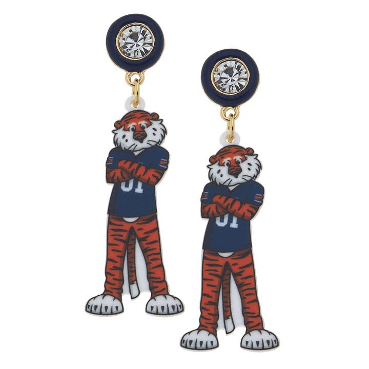 Canvas Style - Wholesale Dangle Earrings - Auburn Aubie The Tiger Resin Mascot Earrings in Orange/Navy