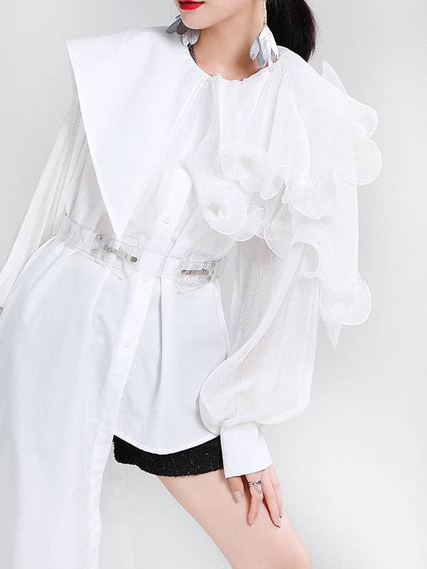 VividLux - Wholesale Blouse - Women's - Long Sleeves Loose Asymmetric Pleated Solid Color Split-Joint Falbala Lapel Blouses&Shirts Tops