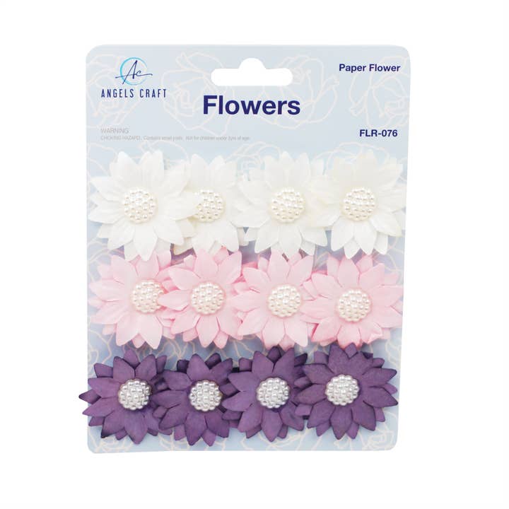 Angels Craft - Wholesale Artificial Flowers - Paper Flower w/ White Pearl Embellishment, 12-ct Assortment