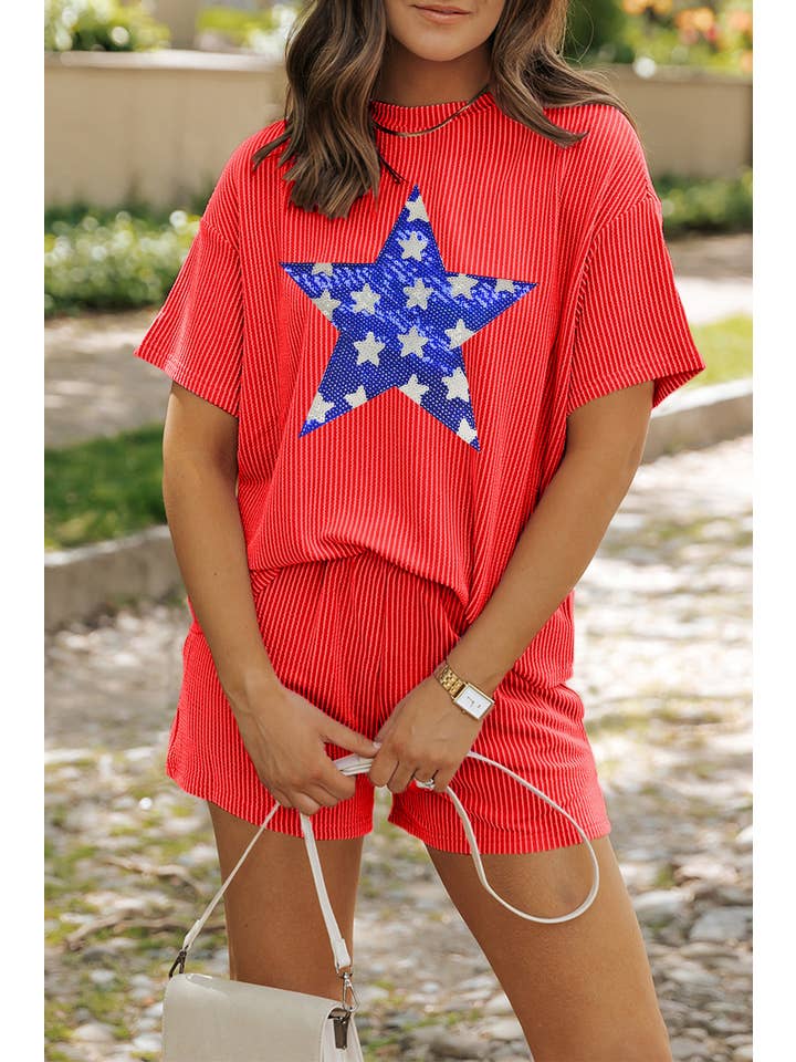 As shown Sequined July 4th Star Corded Pajamas Set | S-2XL for wholesale on Faire