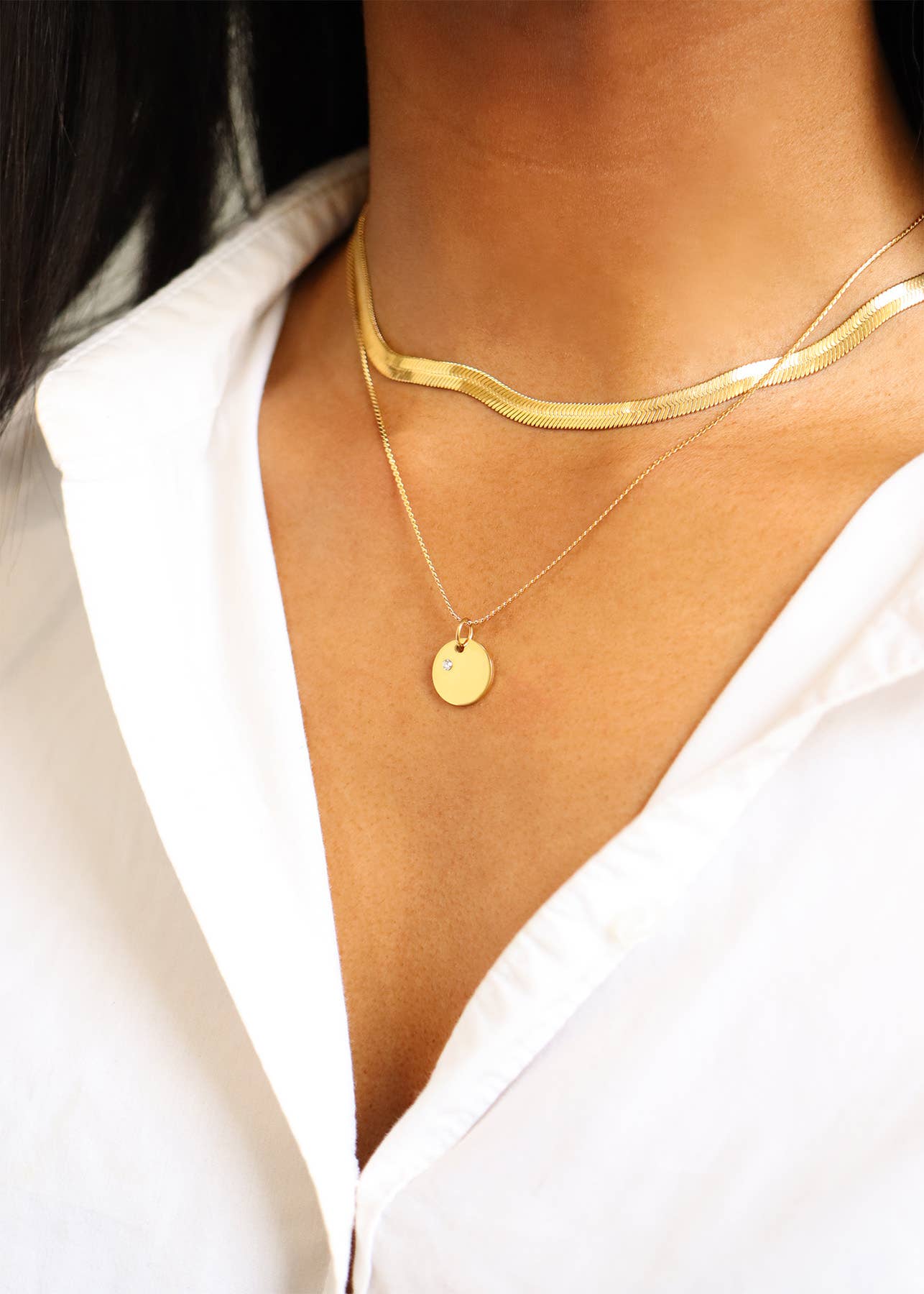 WJW - Vendita all'ingrosso Ciondolo/pendente - Charm rotondo da incidere con pietra di nascita, acciaio inox PVD oro 18K19