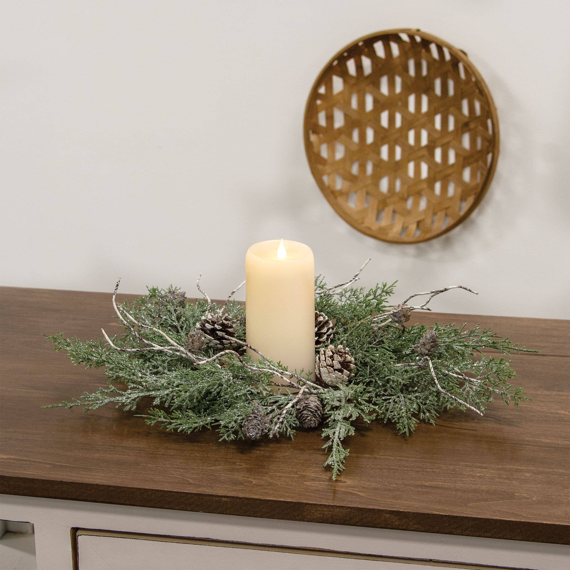 Saybrook Lane – wholesale Wreath – Durham Cedar, Birch Pinecone Candle Ring, 6.5"1