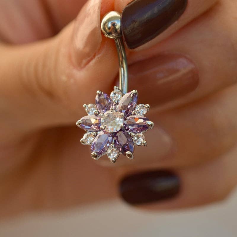 StockJWL - Wholesale Belly Ring - Lotus Flower Navel Piercing, Belly Button Ring, Belly Button Piercing, Curved Barbell, Belly Piercing, Belly Bar, Belly Ring, Purple8