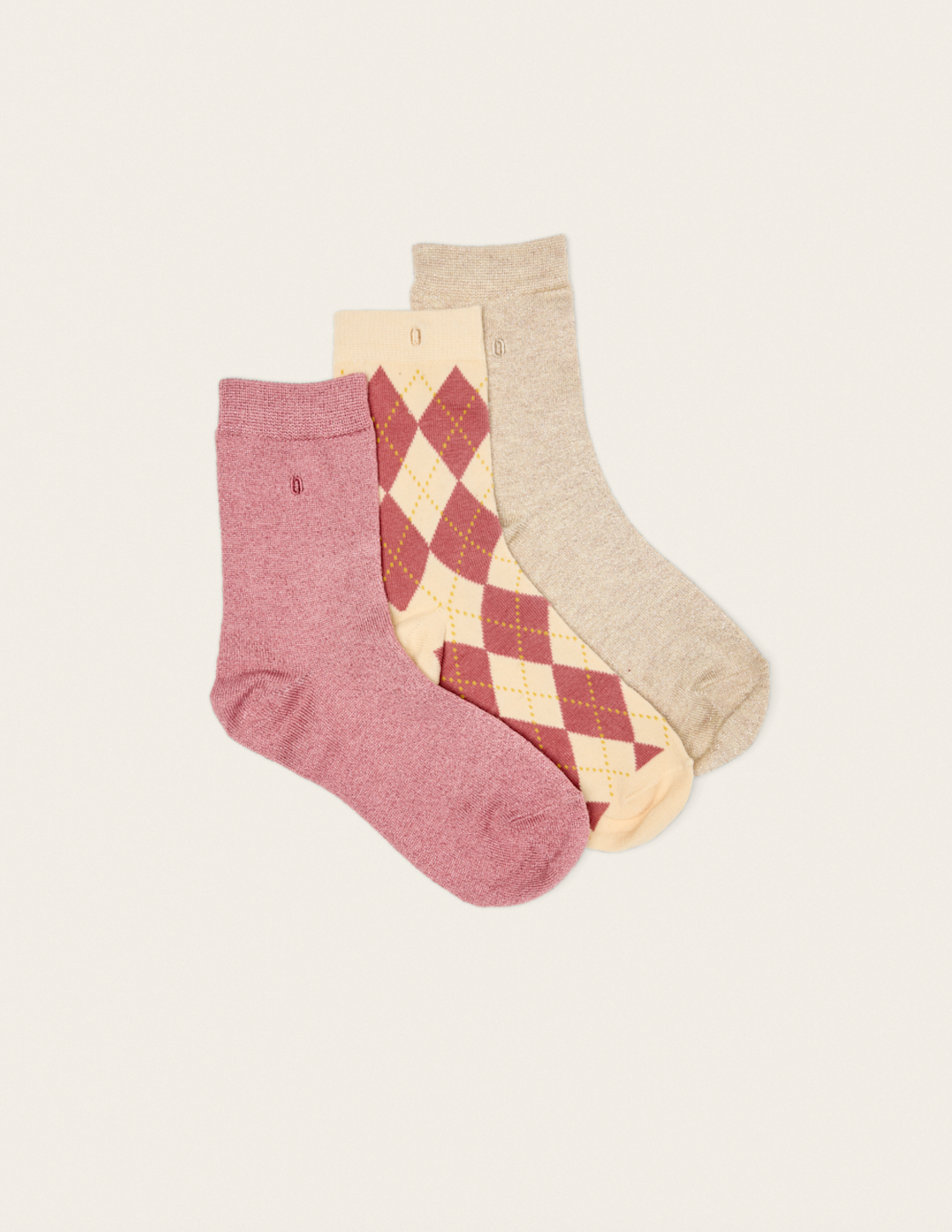 ODAJE – Großhandel Socken – Damen – 3er-Pack Socken - Rauten und Glitzer beige rosa1