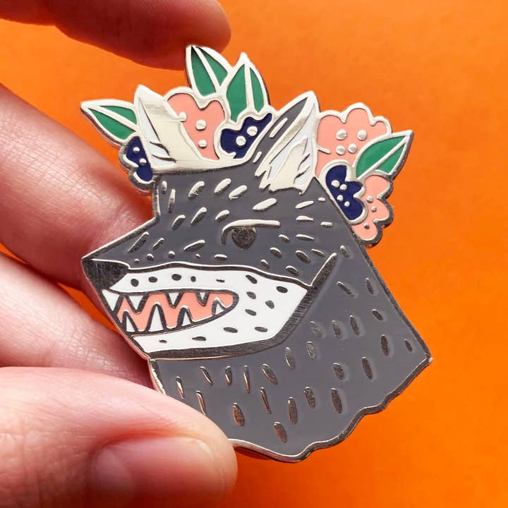 Wolf Enamel Pin for wholesale by Sophie Heywood