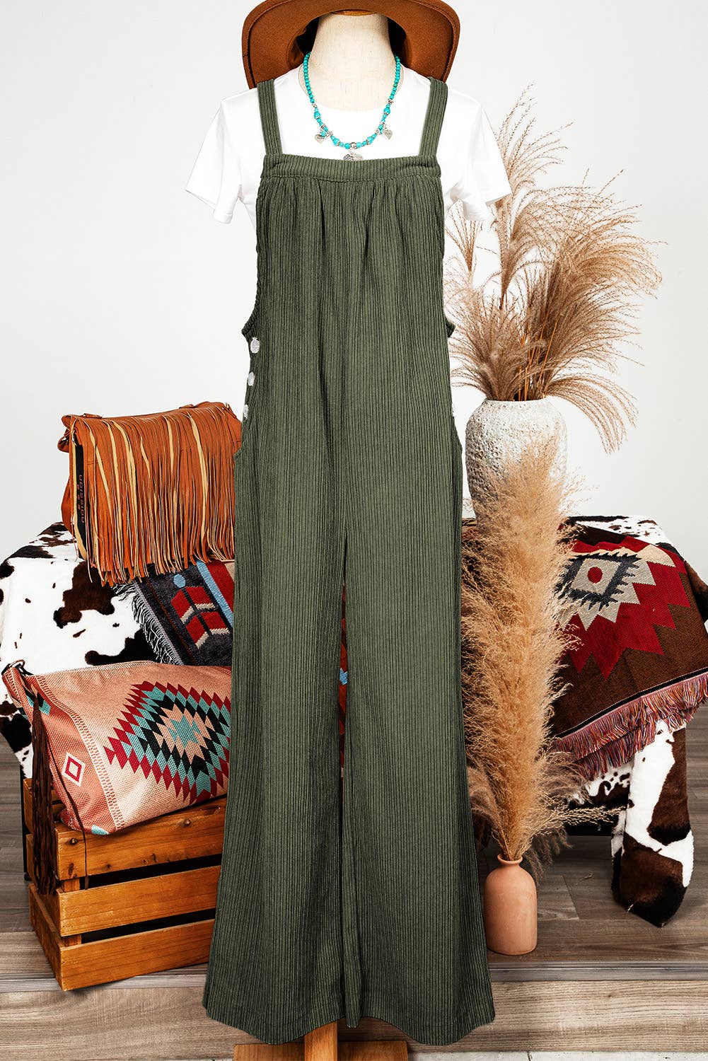 Green Fashion-W Solid Pocketed Loose Fit Corduroy Overall for wholesale on Faire17