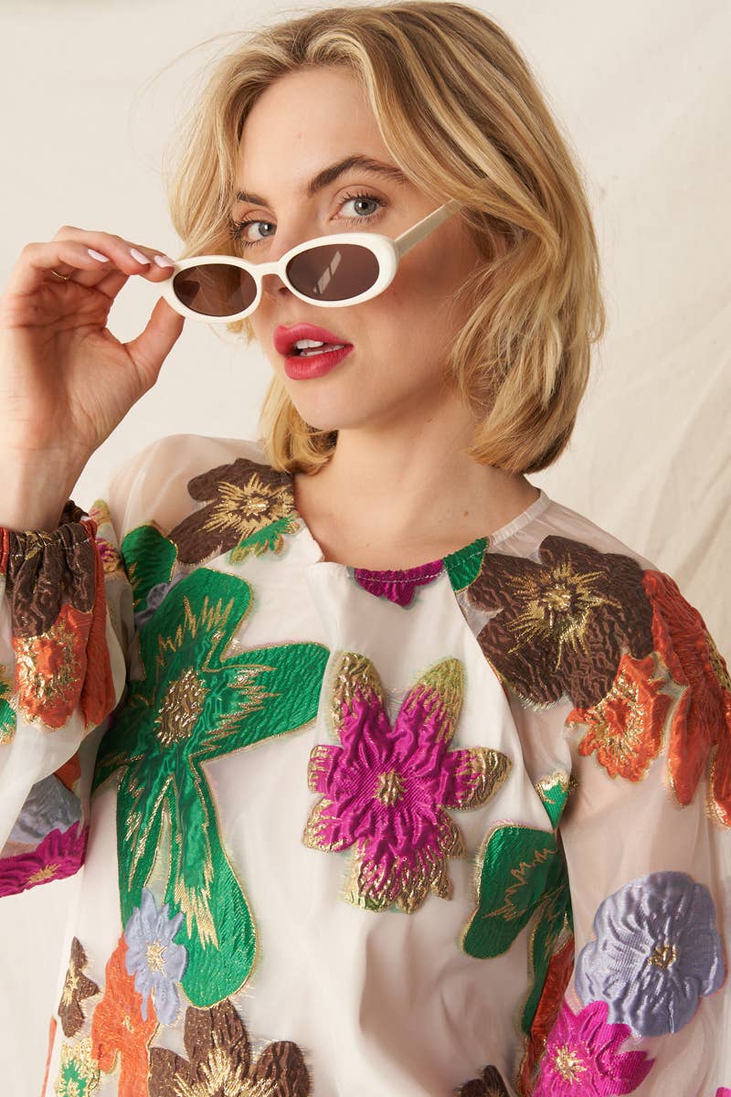 En Crème - Wholesale Dress - Women's - Bubble Sleeve Floral Organza Mini Dress8