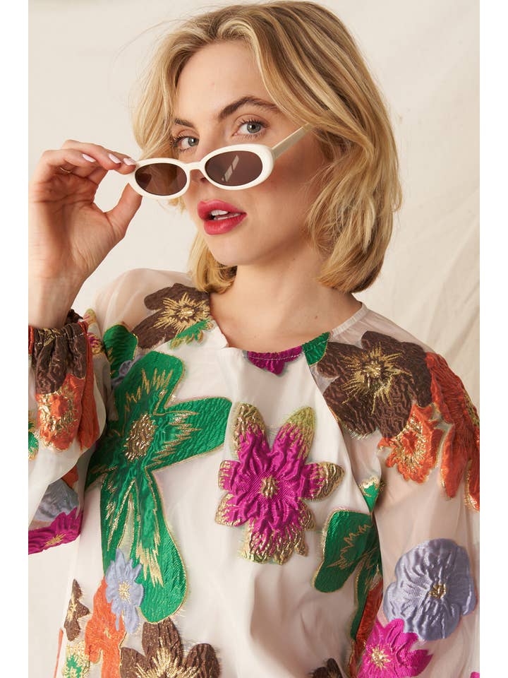 En Crème - Wholesale Dress - Women's - Bubble Sleeve Floral Organza Mini Dress8