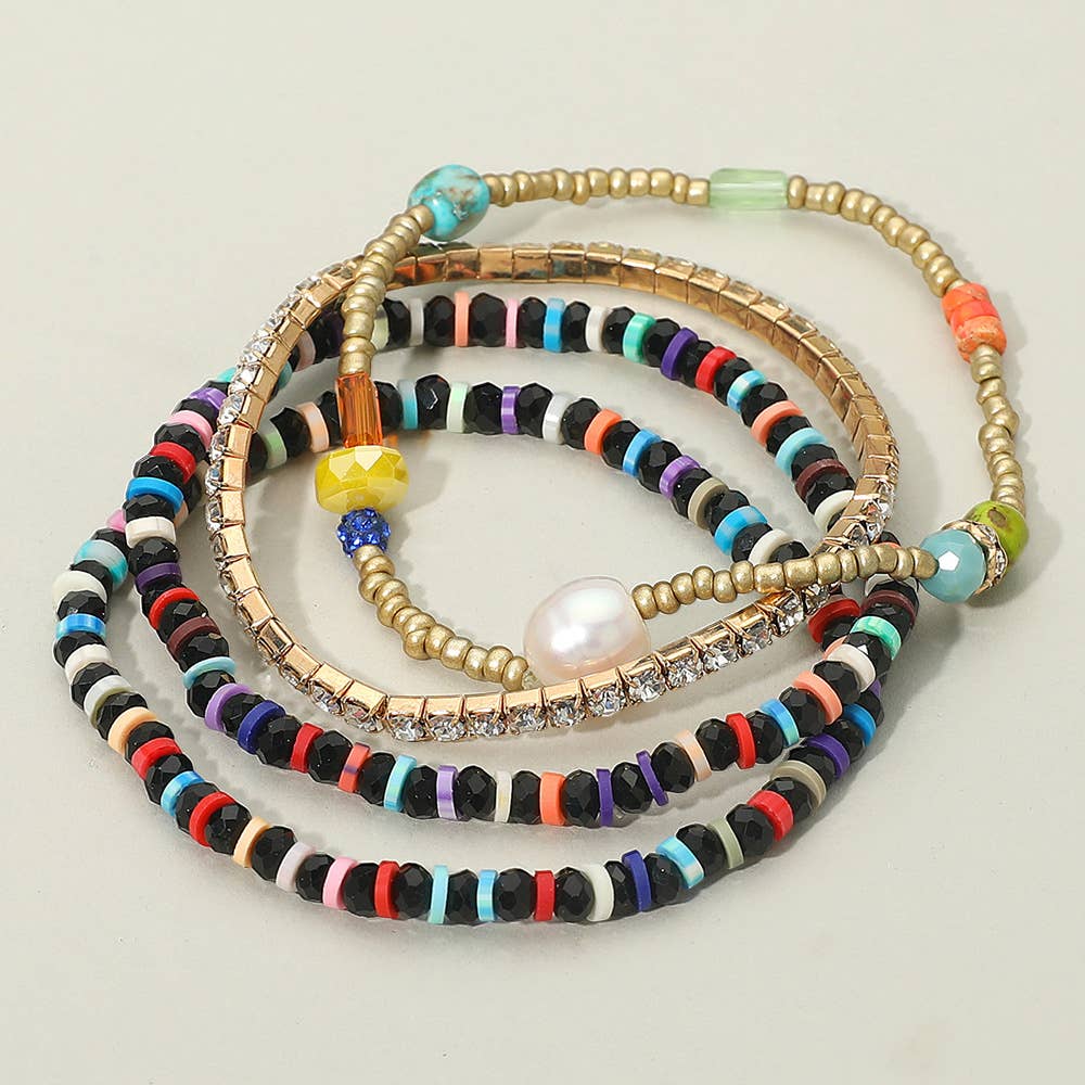 Sensibling Corp. - Wholesale Beaded Bracelet - 4PCS - Freshwater Pearl Accented Heishi Faceted Beaded Stretch Bracelets2