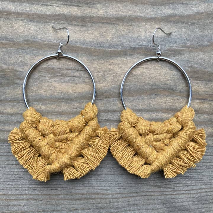 Large Square Knot Fringe - Mustard & Silver for wholesale by HK Macrame Jewelry