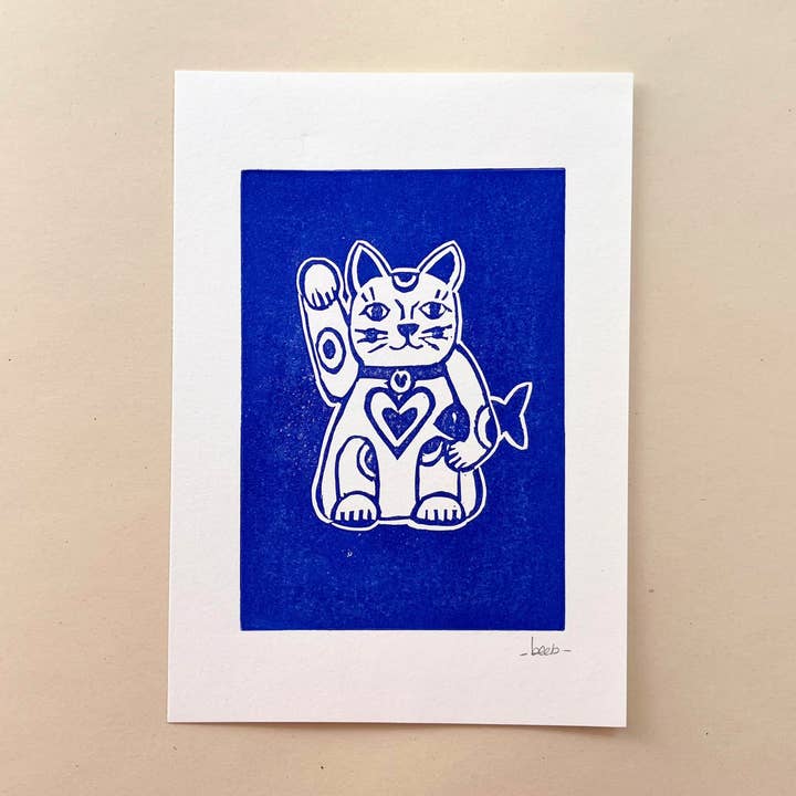 Linogravure 15cm x 21 cm (A5) - Lucky cat / Maneki Neko for wholesale by beeb