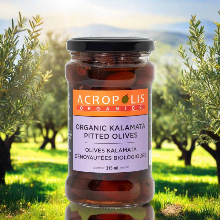 Organic Kalamata Pitted Olives in Brine, 315 mL for wholesale by Acropolis Organics