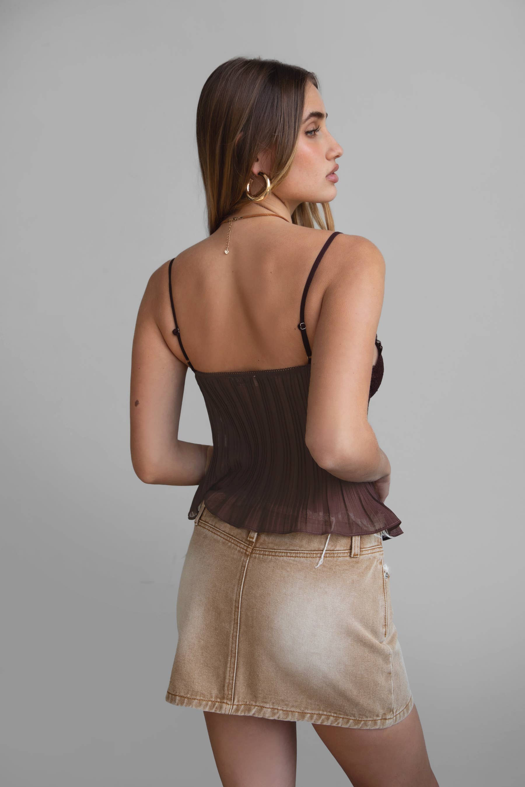 TICTOC - Vente Débardeur – femme - ANGEE Haut Cami Babydoll en Chiffon Plissé avec Dentelle Délicate4