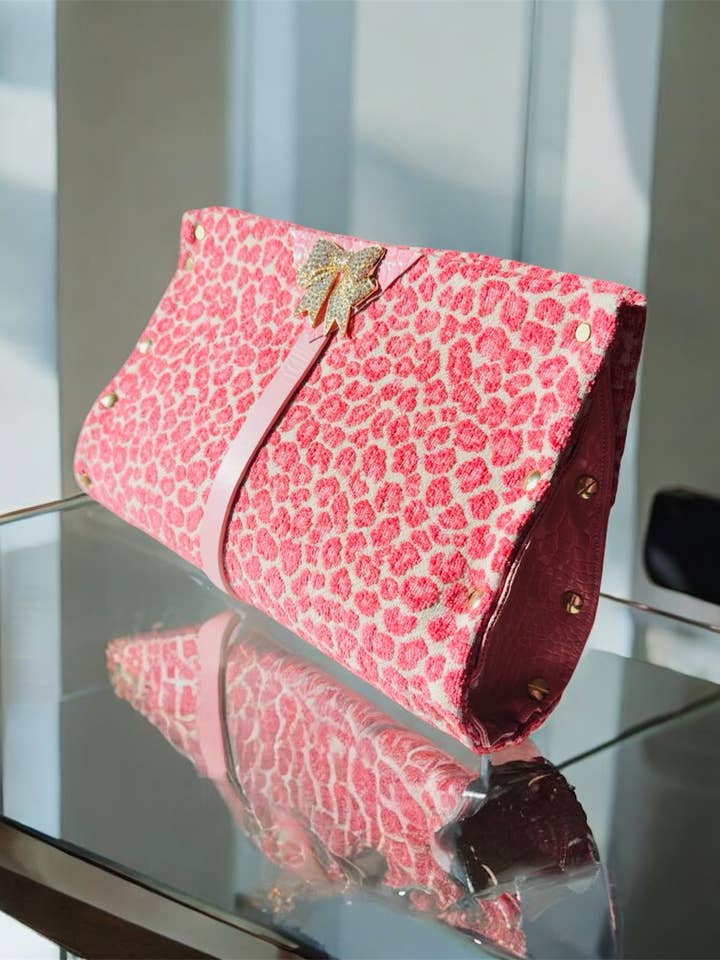 Pink Leopard Chenille Clutch for wholesale by Soderena Designs
