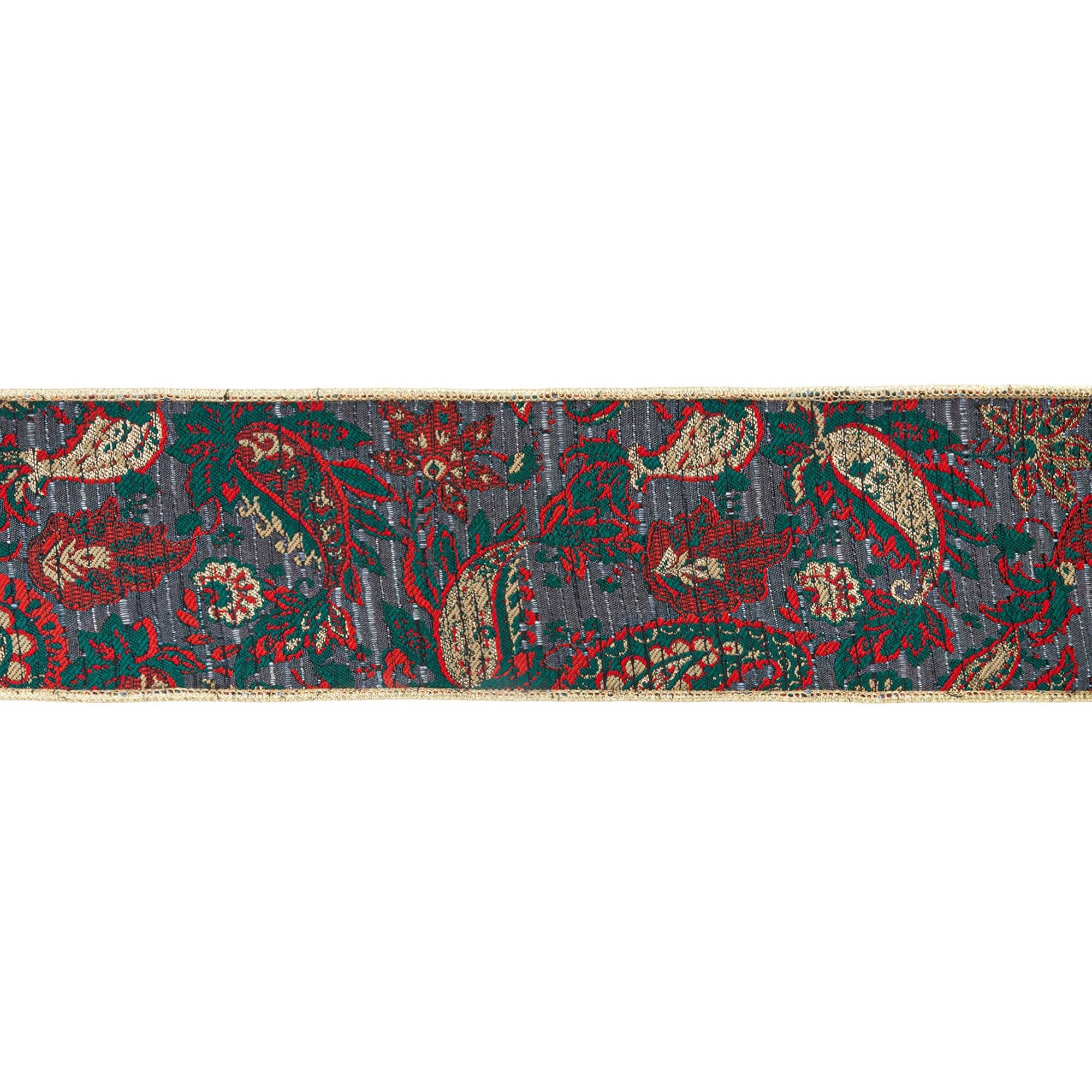 LA Ribbons Wholesale – Großhandel Band – Geschenke verpacken – 10-Yard-Rolle 4" Draht-Jacquardband | Burgunder Damast Paisley mit goldener Dupioni-unterfütterung4