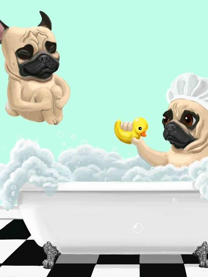 Pug, Bath Time, Dog Art Print for wholesale by Brian Rubenacker studios