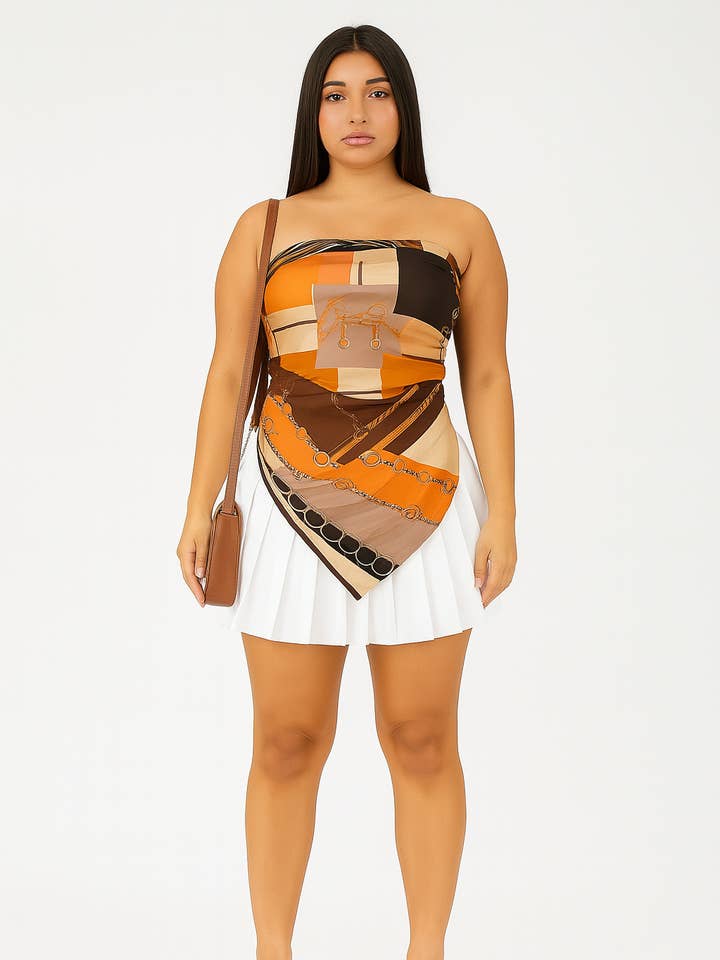 Scarf Print Tube Top & Pleated Mini Skirt Set for wholesale by MB Fashion Wholesale