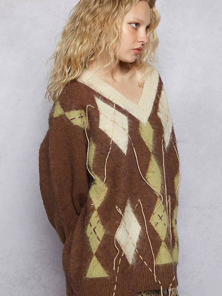 MOCHA POL V-Neck Argyle Pattern Mohair Sweater with Contrast Exposed Stitch Detail for wholesale on Faire12
